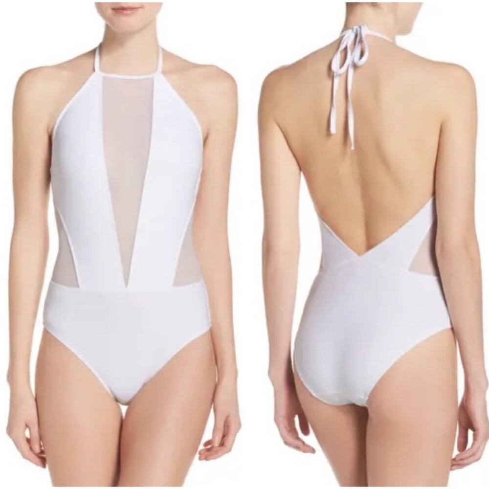 NWT Ted Baker Mesh Panel Halter Top One Piece Swimsuit in White, US 8